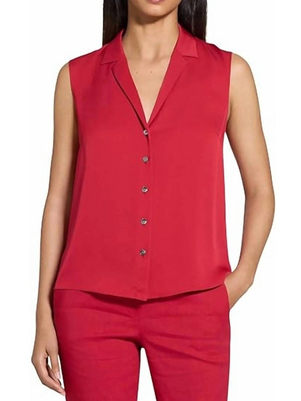 Theory Cherry Red 100% Silk Camp Sleeveless  Collared Blouse Size L NWT